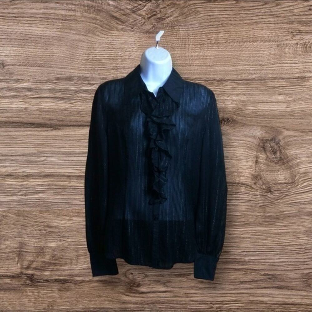Lucky brand black, metallic silk ruffle button down shirt large